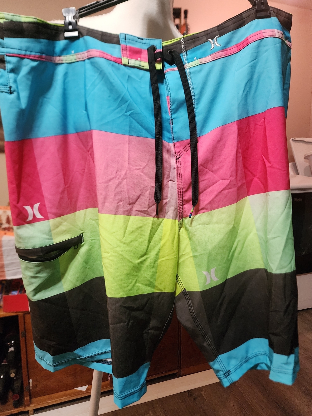 Hurley Men's Multicolor Stripe Board Shorts - Blue/Pink/Green Sz 38